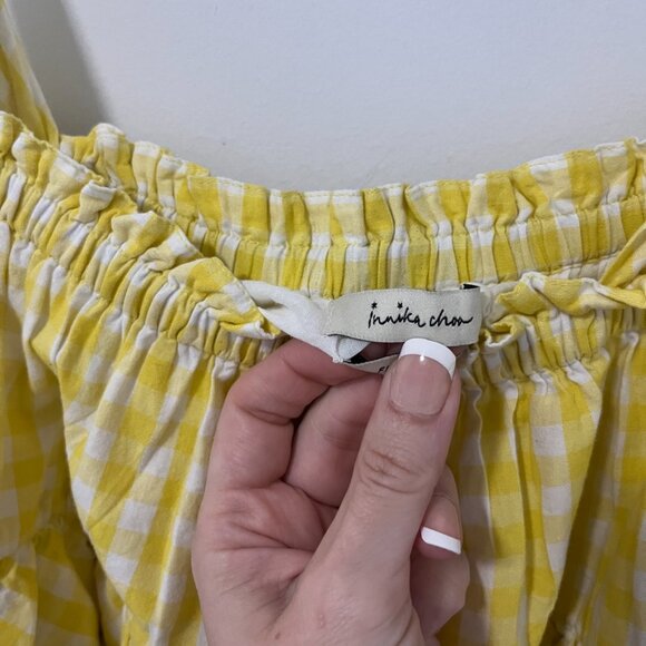 Innika Choo Yellow Gingham Print Flowy Scallop Cropped Tank One Size - Picture 3 of 8